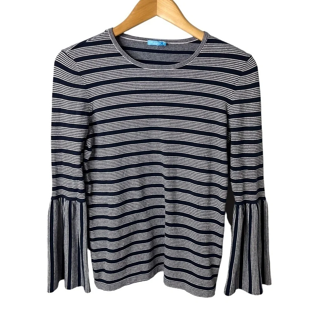 J McLaughlin Daryn Striped Bell Sleeve Sweater Top Navy White Size Small
